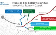Mapa z zaznaczonym na mapie Polski obszarem i odcinkami na linii kolejowej na której będzie się odbywała modernizacja.