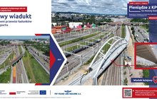 Infografika prezentująca budowę wiaduktu kolejowego WK-05 na stacji Gdynia Port. Zestawienie zdjęć „było” i „jest” pokazuje modernizację infrastruktury kolejowej. Po lewej stronie widoczny jest wcześniejszy układ torów i stary wiadukt nad linią kolejową. Po prawej stronie znajduje się nowy biały wiadukt łukowy wybudowany nad wielotorową linią kolejową, umożliwiający sprawniejszy przewóz ładunków do i z portu. W tle widoczne są terminal kontenerowy, sieć trakcyjna oraz infrastruktura drogowa. Grafika zawiera informacje o finansowaniu inwestycji ze środków Krajowego Planu Odbudowy (KPO) oraz logotypy instytucji i partnerów projektu.