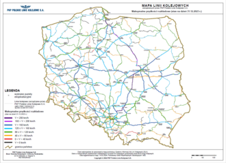 Mapa z maksymalnymi prędkościami rozkładowymi na liniach zarządzanych przez PKP Polskie Linie Kolejowe S.A.