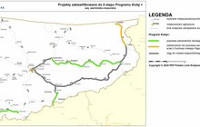 Mapa województwa warmińsko-mazurskiego z projektami zakwalifikowanymi do II etapu Programu Kolej+