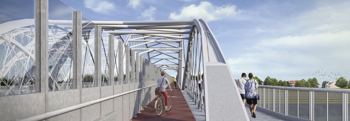 Wizualizacja części pieszo-rowerowej mostu kolejowego nad Wisłą w Krakowie, proj. BBF Sp z o.o. oraz E&C Sp. z o.o.
