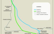 Grafika przedstawia mapę proponowanego przebiegu linii Warszawa Wschodnia-Nasielsk. Na grafice napis: Zwiększenie przepustowości na odcinku Warszawa Wschodnia-Nasielsk (Kątne/Świercze). Na grafice zaznaczono legendę mapy. 