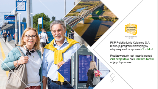 Baner promocyjny Krajowego Programu Kolejowego. Po lewej stronie zdjęcie na którym znajduje się kobieta i mężczyzna na peronie. Obok zdjęcie mostu kolejowego, poniżej zdjecie na którym kobieta stoi kobieta przy wyśwuetlaczu z rozkładem jazdy. Obok grafika - żółty zarys Polski a na nim napis: Ruch aglomeracyjny, ruch regionalny, przewozy towarowe. Poniżej tekst: Krajowy Program Kolejowy 2014-2020. PKP Polskie Linie Kolejowe S.A. realizują program inwestycyjny o łącznej wartości prawie 77 mld zł. Realizowanych jest łącznie ponad 240 projektów na 9000 km torów objętych pracami.