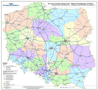 Mapa poglądowa linii kolejowych w Polsce zarządzanych przez PKP Polskie Linie Kolejowe S.A.