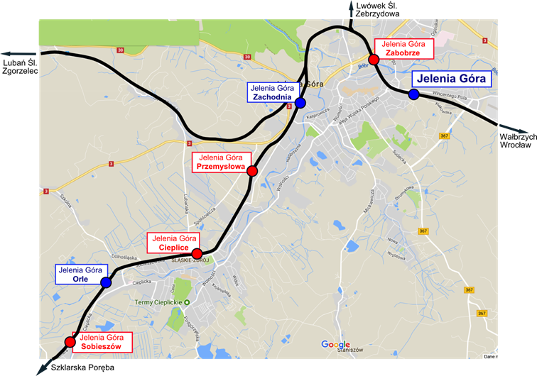 Mapa z zaznaczonym projektem, obejmującym 4 przystanki w Jeleniej Górze