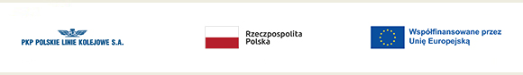 Logotyp: PKP Polskich Linii Kolejowych S.A., flaga Rzeczpospolita Polska, logotyp: flaga Unii Europejskiej, Współfinansowane przez Unię Europejską.