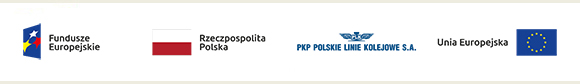 Logo Fundusze Europejskie, flaga Rzeczpospolita Polska, logo PKP Polskie Linie Kolejowe S.A., Logo Unia Europejska.