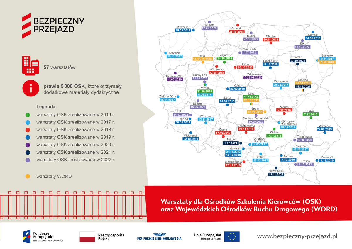Mapka z naniesionymi lokalizacjami warsztatów na terenie Polski