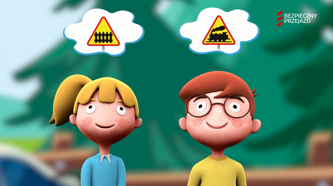 Kadr z animacji edukacyjnej - dziewczynka i chłopiec, nad ich głowami chmurki ze znakami drogowymi.