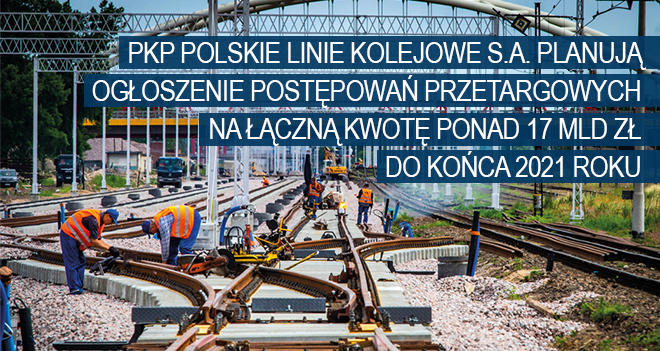 Grafika przedstawiająca prace torowe, napis: PKP Polskie Linie Kolejowe S.A. planują ogłoszenie postępowań przetargowych na łączną kwotę 17 mld do końca 2021 roku